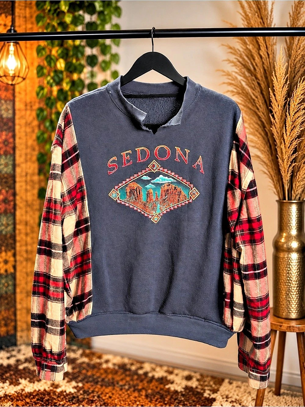 Handmade upcycle pull over featuring flannel sleeves and a vintage Sedona sweats